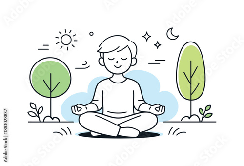 Serene Outdoor Meditation. Mindfulness in nature. A calm character sitting outdoors with closed eyes, surrounded by trees and soft natural shapes. Peaceful