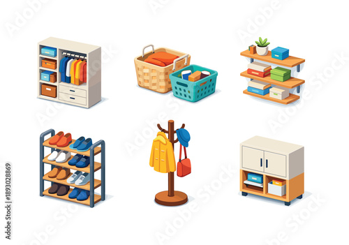 Organized Living Icons. Organized Living. Isometric flat vector icons set of Organized Living: closet with compartments, storage baskets, wall-mounted shelves,