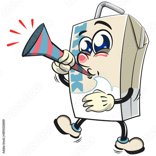 cute milk carton mascot character with straw blow the party horn trumpet, isolated vector illustration, work of hand drawn