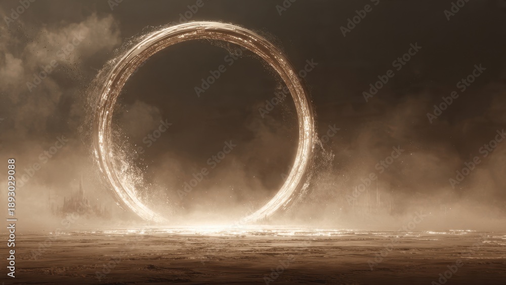 Fototapeta premium Golden ring portal in a dusty landscape