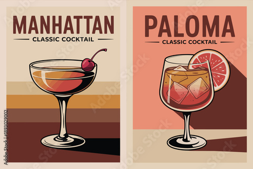 Paloma cocktail poster, tall stemmed glass with ice cubes grapefruit slice on salmon pink background