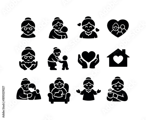 Loving Grandma Icons. Loving grandma. Solid icon set of loving grandma: affectionate grandmother, warm hug, caring smile, family heart, gentle elder, nurturing