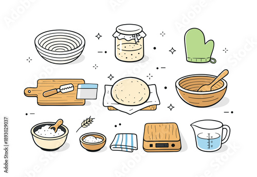 Minimalist Sourdough Baking Flatlay. Sourdough baking flat lay. Top view of baking tools arranged evenly, simple textures hinting at natural materials.