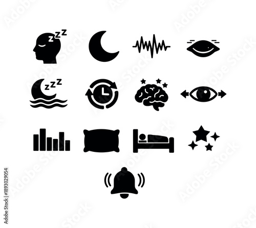 Sleep Stages Icons. Sleep Stages. Solid icon set of Sleep Stages: sleeping head, crescent moon, EEG waveform, REM label icon, deep sleep symbol, clock cycle,