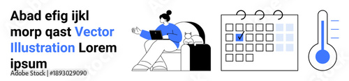 Time management, health tracking, remote work, productivity, wellness planning, scheduling. Woman seated with laptop near calendar and thermometer. Time management and health tracking concepts