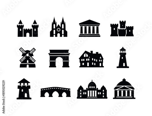 Historic Icon Collection. Historic buildings. Solid icon set of historic buildings: castle, cathedral, ancient temple, fortress, old mill, monument arch,
