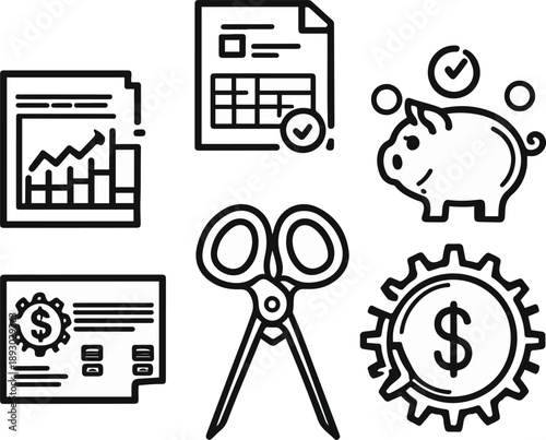 cost optimization objects, cost reduction scissors icon, budget planning chart, expense analysis document, savings piggy bank, optimized process gear, bold black thick outline line art 2