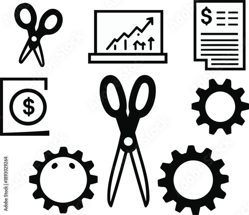  cost optimization objects, cost reduction scissors icon, budget planning chart, expense analysis document, savings piggy bank, optimized process gear, bold black thick outline line art 1