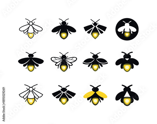 Firefly Logo Variations. Fireflies. Icon set. Set Logo of fireflies: glowing firefly insect. harmonious logo variations of the same emblematic concept, each