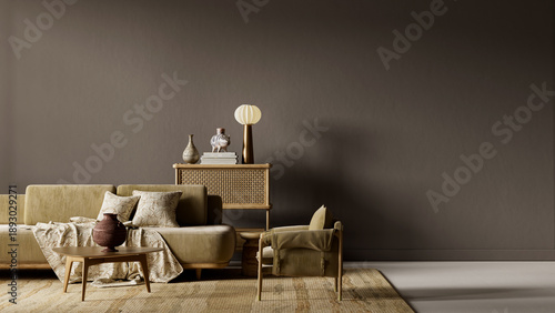 Minimal dark moody living room with broad empty wall and subtle warm illumination designed for negative space composition and visual balance. 3D illustration