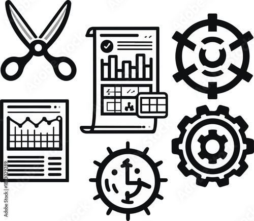 cost optimization objects, cost reduction scissors icon, budget planning chart, expense analysis document, savings piggy bank, optimized process gear, bold black thick outline line art