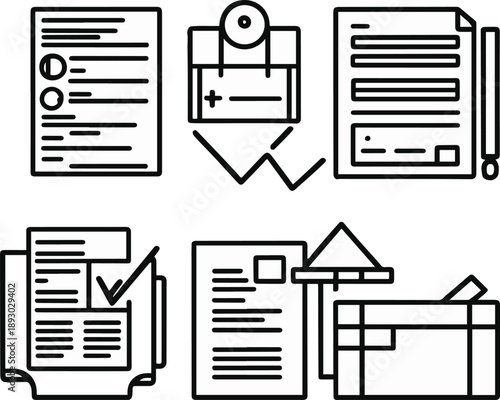 procurement objects, purchase request form, quotation comparison sheet, supplier selection checkmark, purchase order document, goods received confirmation icon, bold black thick outline line art 2