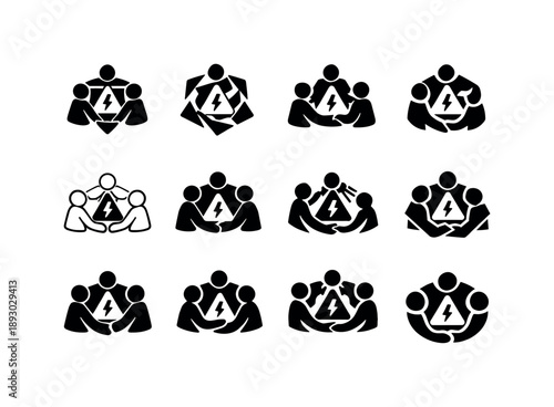 Crisis Management Logos. Crisis management. Icon set. Set Logo of crisis management: team collaborating in chaos. harmonious logo variations of the same