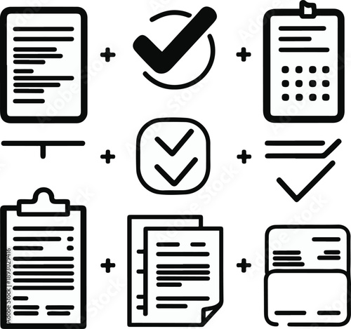 procurement objects, purchase request form, quotation comparison sheet, supplier selection checkmark, purchase order document, goods received confirmation icon, bold black thick outline line art 3