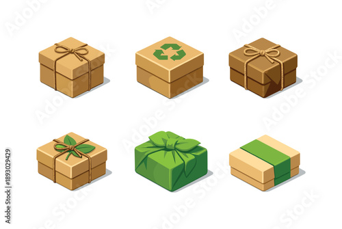 Eco-Friendly Gift Icons. Eco Gifts. Isometric flat vector icons set of eco gifts: kraft paper gift box, recycled cardboard box, twine-wrapped box,