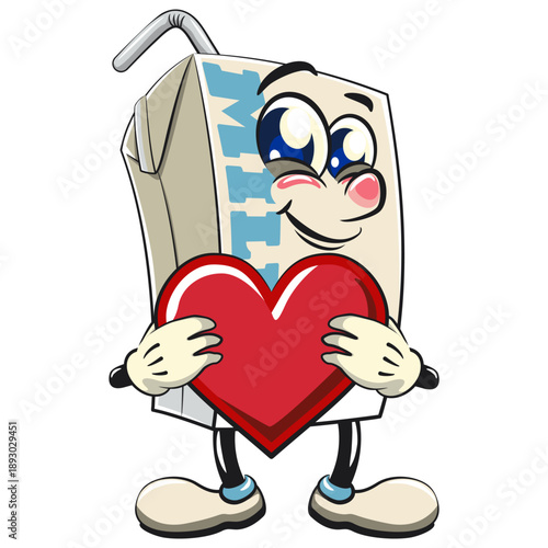 cute milk carton mascot character with straw hold the heart with love with smiling, isolated vector illustration, work of hand drawn