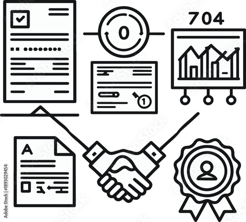  vendor management objects, supplier contract document, vendor evaluation score, partnership handshake icon, delivery performance chart, approved vendor badge, bold black thick outline line art 1
