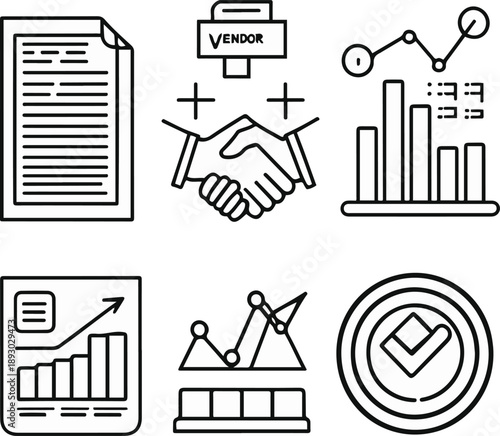  vendor management objects, supplier contract document, vendor evaluation score, partnership handshake icon, delivery performance chart, approved vendor badge, bold black thick outline line art 3