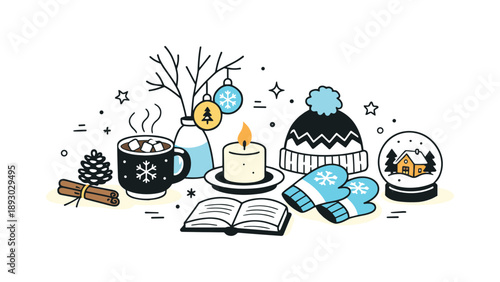 Cozy Winter Tabletop. Tabletop winter props. A cozy tabletop scene with winter accessories arranged neatly, soft seasonal mood with calm balance and gentle