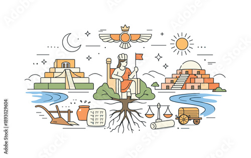 Origins of Civilization. The history of the world?s first civilizations (Mesopotamia, Indus Valley) ? foundations of society. Abstract editorial composition