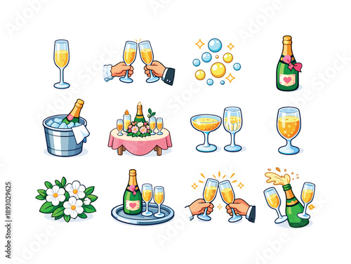 Wedding Champagne Icons. Wedding champagne. Colorful isometric vector icons set of wedding champagne: champagne flute, bride and groom toast, sparkling