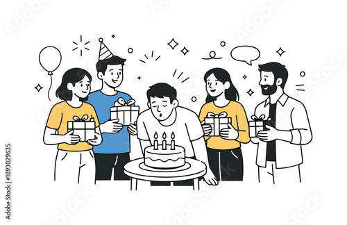 Joyful Birthday Gathering. Group birthday celebration. Friends gathered casually, holding gifts and chatting while one person gets ready to blow out candles.