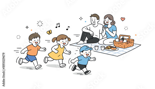 Joyful Family Picnic. Family picnic playful moment. Children running, laughing, or playing near the picnic blanket while adults watch, highlighting joyful