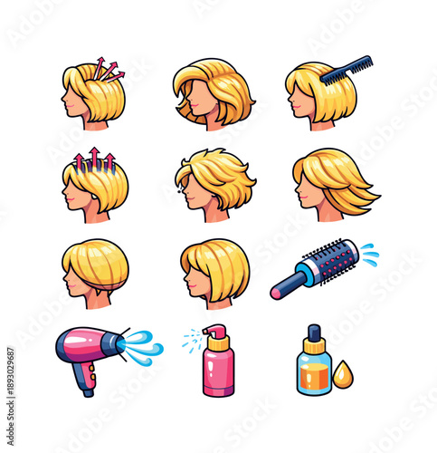 Hair Volume Icons. Hair volume techniques. Colorful isometric vector icons set of Hair volume techniques: crown volume layers, blowout layered hair,