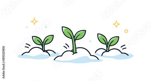 Spring Awakening. Green sprouts breaking through snow. Minimal editorial illustration showing the first signs of spring growth beneath snow, calm and uplifting