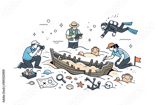 Exploring Historic Shipwreck. Marine archaeology work. A partially buried historical shipwreck surrounded by sand and artifacts, with experts studying it from