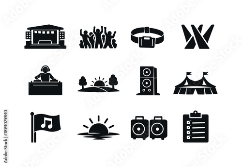 Music Festival Icons. Music festival. Solid icon set of Music festival: festival stage, crowd dancing, wristband pass, light beams, DJ booth, open field, sound