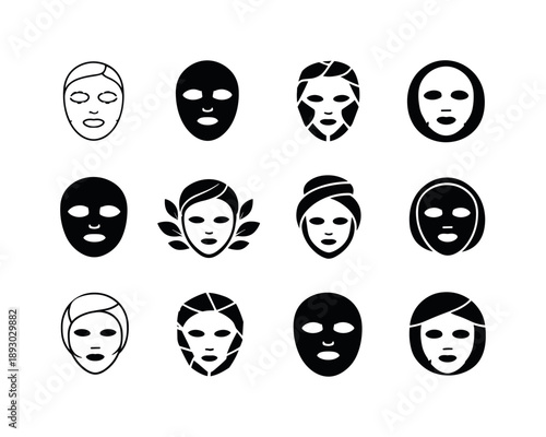 Facial Mask Icons. Facial mask. Icon set. Set Logo of facial mask: cosmetic sheet mask on face. harmonious logo variations of the same emblematic concept, each