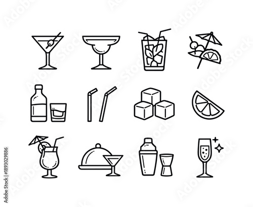 Cocktail Icon Set. Cocktails and drinks. Line icon set of Cocktails and drinks: martini glass, margarita glass, mojito drink, cocktail garnish, mixed alcohol,