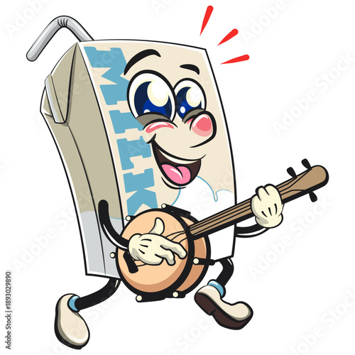cute milk carton mascot character with straw playing the banjo musical instrument with smiling, isolated vector illustration, work of hand drawn