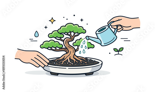 Bonsai Care Ritual. Bonsai maintenance ritual. Hands gently water a miniature tree in a shallow pot, caring for roots and soil. Calm nurturing mood, balance,