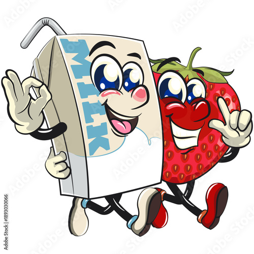 cute milk carton mascot character with straw walk with a strawberry character while giving a sign and giving an ok sign, isolated vector illustration, work of hand drawn