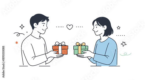 Gift Exchange Moment. People exchanging gifts. A soft editorial scene showing two people gently handing each other wrapped gifts with small smiles. The moment