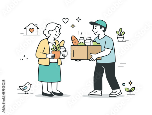 Helping Hands. Community kindness moment. A person helping a neighbor carry items or solve a simple problem. Warm everyday interaction and local support shown