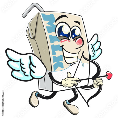 cute milk carton mascot character with straw become a cupid with angel wings and the arrow of love, isolated vector illustration, work of hand drawn