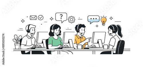 Efficient Call Center Team. Customer service call center. Small team of agents working at desks with headsets and monitors, focused and calm environment.