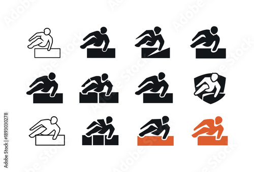 Extreme Parkour Icons. Extreme parkour. Icon set. Set Logo of Extreme parkour: figure vaulting over wall. harmonious logo variations of the same emblematic