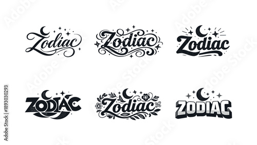 Celestial Typography Variations. Celestial zodiac lettering. Set lettering. harmonious lettering variations of the same emblematic concept, each with different