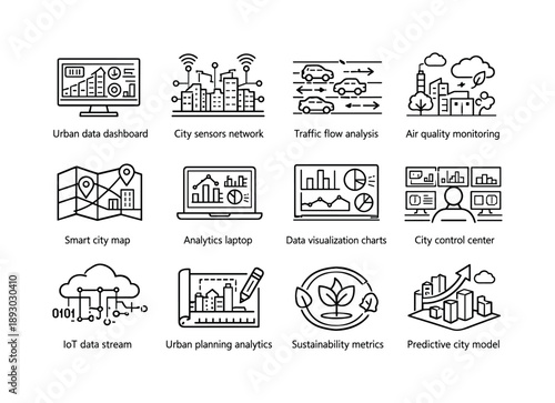Smart City Icon Set. Smart City Analyst. Line icon set of Smart City Analyst: urban data dashboard, city sensors network, traffic flow analysis, air quality