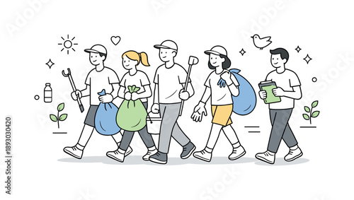 Community Clean-Up Crew. Community clean-up volunteering. Volunteers walking together with trash bags and tools. Sense of purpose, care, and collective effort.