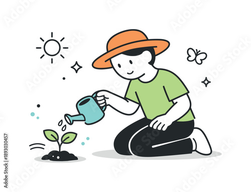 Nature's Gentle Renewal. Nature Renewal. A calm character gently watering a small plant that is beginning to grow fresh leaves. The scene expresses care,