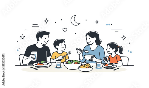 Family Dinner Harmony. Family evening routine. A family sits at the table enjoying a shared meal with gentle conversation. Calm togetherness, stability, and