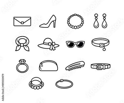 Women's Accessory Icons. Women Accessories. Line icon set of Women Accessories: clutch bag, high heel shoe, pearl necklace, drop earrings, silk scarf, sun hat,