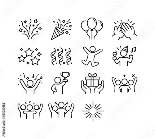 Celebration Icon Set. Celebration. Line icon set of Celebration: confetti burst, party popper, balloons, clapping hands, celebration stars, streamers, joyful