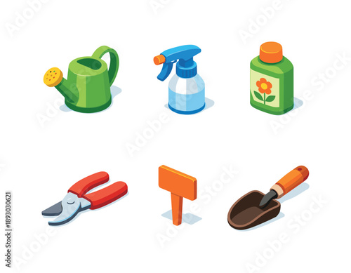 Isometric Plant Tools. Plant care tools. Isometric flat vector icons set of Plant care tools: watering can, hand sprayer, fertilizer bottle, pruning scissors,