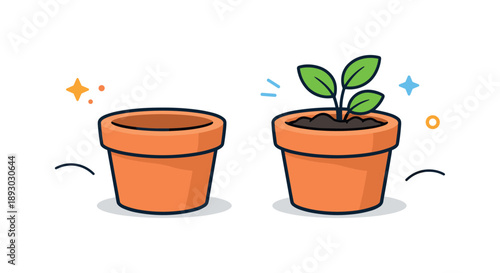 Minimalist Terracotta Pots. Minimal terracotta pots. Empty and planted clay pots standing side by side, emphasizing material texture and simplicity. Quiet